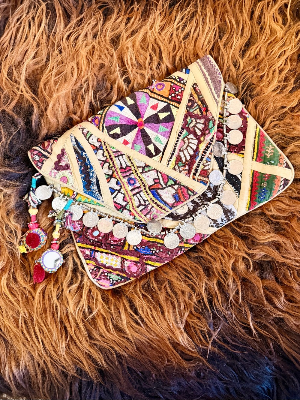 Vintage Antik Batik Embroidered Coin Trim Envelope Clutch Bag